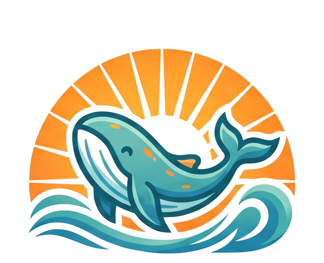 NextUpBooking - teal whale leaping over waves against an orange sunburst